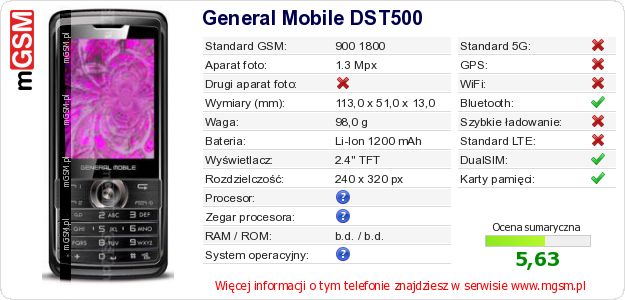 Dane telefonu General Mobile DST500