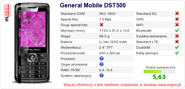 Dane telefonu General Mobile DST500 Dane telefonu General Mobile DST500