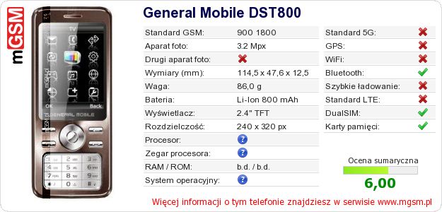Dane telefonu General Mobile DST800 Dane telefonu General Mobile DST800