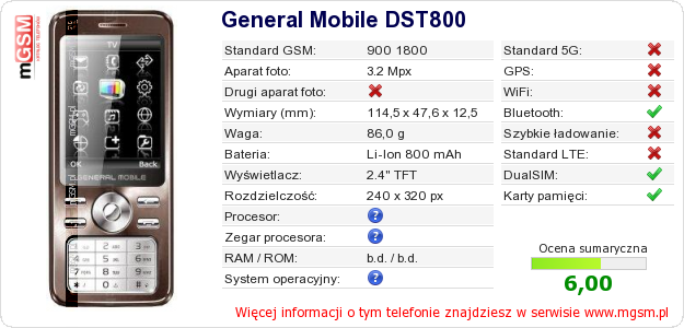 Dane telefonu General Mobile DST800