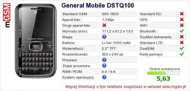 Dane telefonu General Mobile DSTQ100