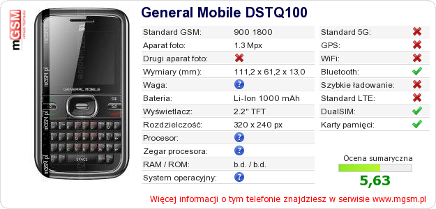 Dane telefonu General Mobile DSTQ100 Dane telefonu General Mobile DSTQ100