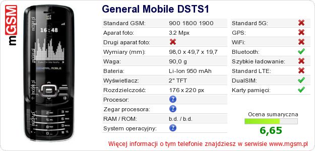 Dane telefonu General Mobile DSTS1 Dane telefonu General Mobile DSTS1