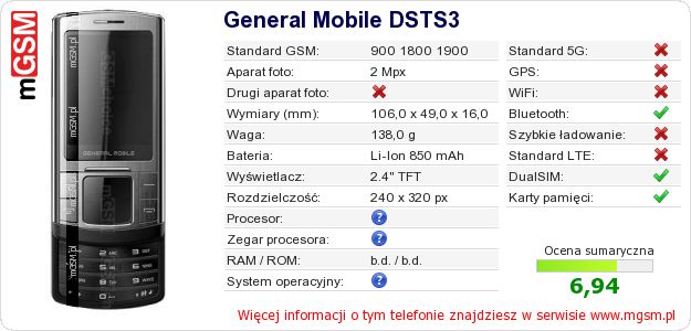 Dane telefonu General Mobile DSTS3 Dane telefonu General Mobile DSTS3