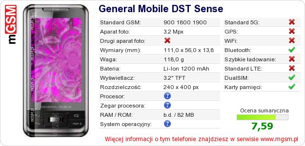Dane telefonu General Mobile DST Sense