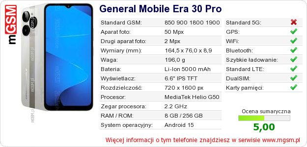 Dane telefonu General Mobile Era 30 Pro