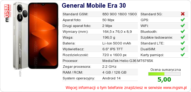 Dane telefonu General Mobile Era 30