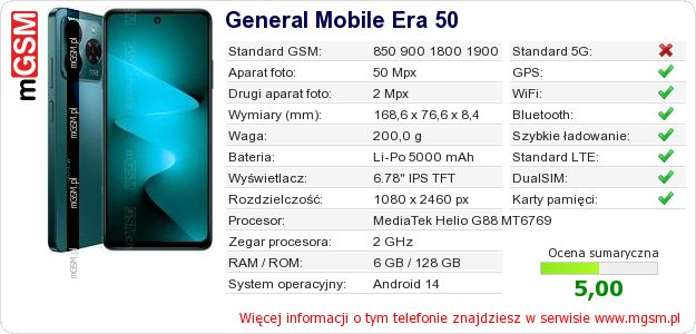 Dane telefonu General Mobile Era 50 Dane telefonu General Mobile Era 50