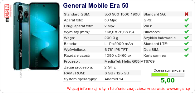 Dane telefonu General Mobile Era 50