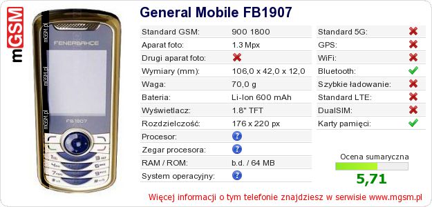 Dane telefonu General Mobile FB1907