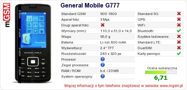 Dane telefonu General Mobile G777