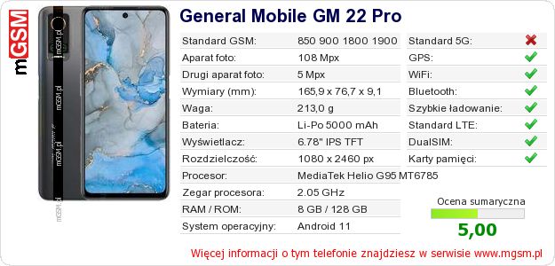 Dane telefonu General Mobile GM 22 Pro