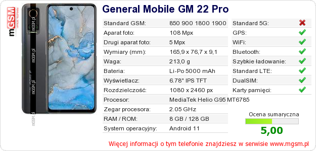 Dane telefonu General Mobile GM 22 Pro