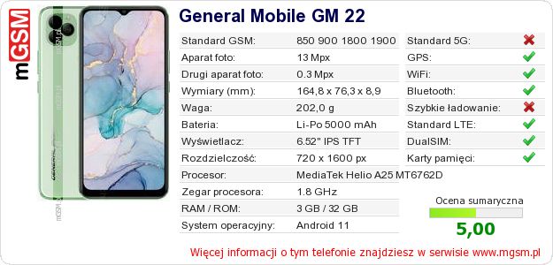Dane telefonu General Mobile GM 22 Dane telefonu General Mobile GM 22