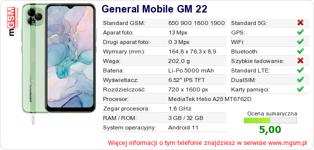 Dane telefonu General Mobile GM 22