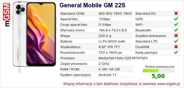 Dane telefonu General Mobile GM 22S Dane telefonu General Mobile GM 22S