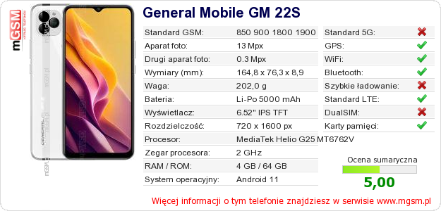 Dane telefonu General Mobile GM 22S