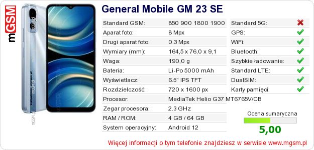 Dane telefonu General Mobile GM 23 SE Dane telefonu General Mobile GM 23 SE