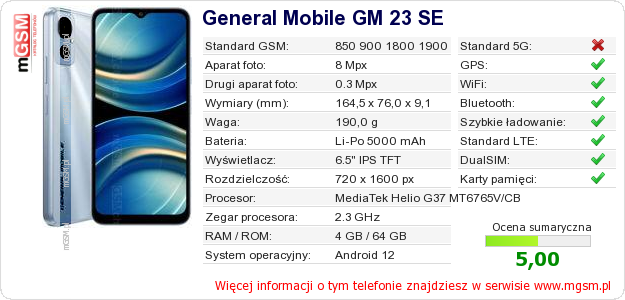 Dane telefonu General Mobile GM 23 SE