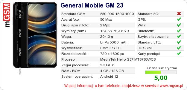 Dane telefonu General Mobile GM 23 Dane telefonu General Mobile GM 23