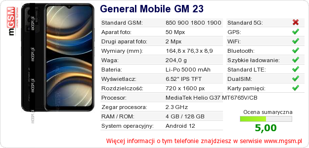 Dane telefonu General Mobile GM 23