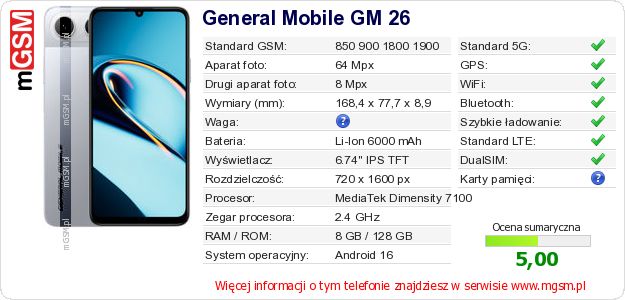 Dane telefonu General Mobile GM 26 Dane telefonu General Mobile GM 26