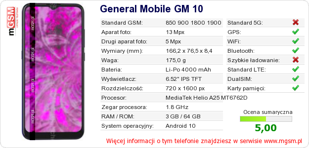 Dane telefonu General Mobile GM 10