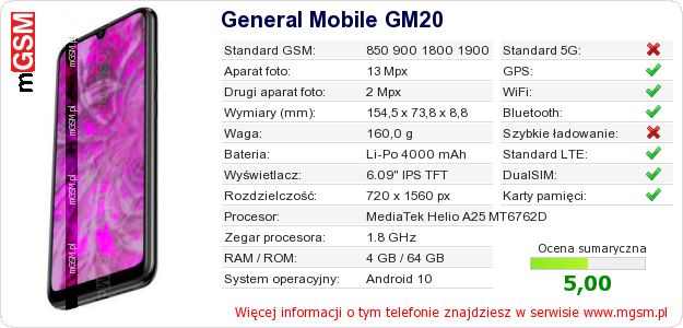 Dane telefonu General Mobile GM20