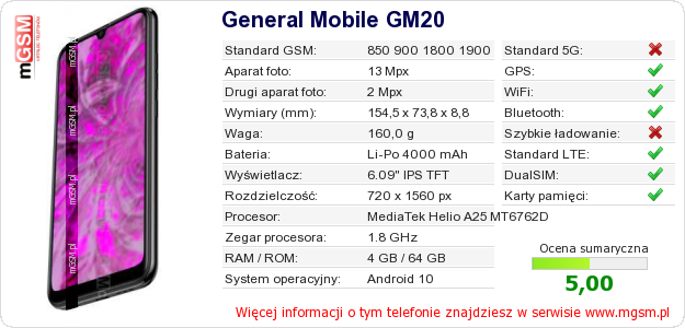 Dane telefonu General Mobile GM20