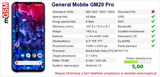 Dane telefonu General Mobile GM20 Pro