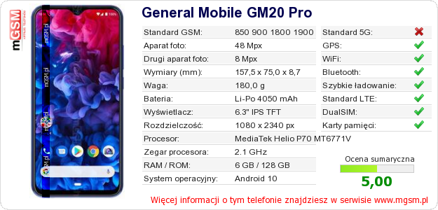 Dane telefonu General Mobile GM20 Pro Dane telefonu General Mobile GM20 Pro