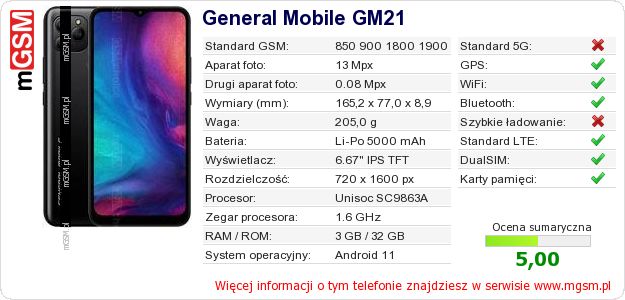 Dane telefonu General Mobile GM21 Dane telefonu General Mobile GM21