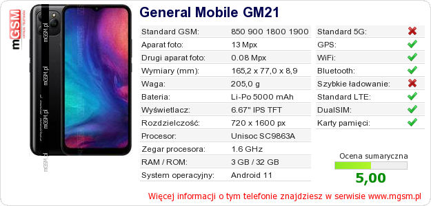 Dane telefonu General Mobile GM21
