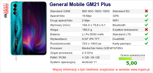 Dane telefonu General Mobile GM21 Plus