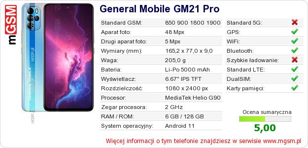 Dane telefonu General Mobile GM21 Pro Dane telefonu General Mobile GM21 Pro