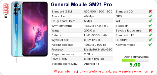 Dane telefonu General Mobile GM21 Pro