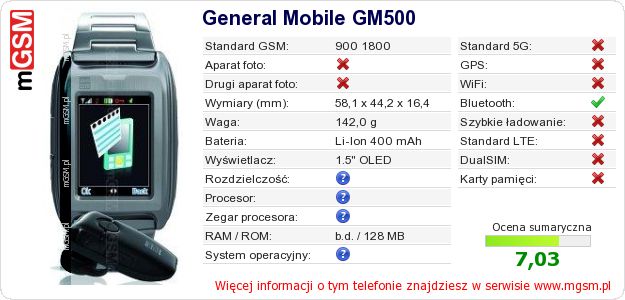 Dane telefonu General Mobile GM500 Dane telefonu General Mobile GM500