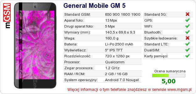 Dane telefonu General Mobile GM 5 Dane telefonu General Mobile GM 5
