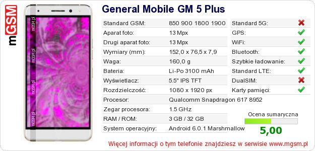 Dane telefonu General Mobile GM 5 Plus Dane telefonu General Mobile GM 5 Plus