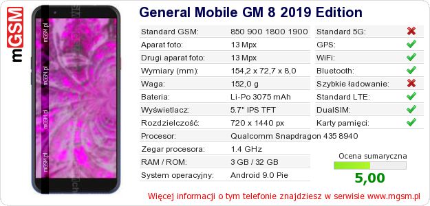 Dane telefonu General Mobile GM 8 2019 Edition