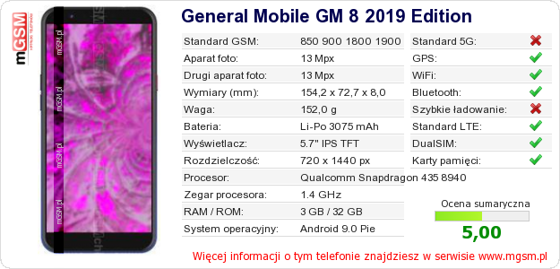 Dane telefonu General Mobile GM 8 2019 Edition