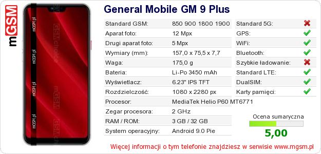 Dane telefonu General Mobile GM 9 Plus Dane telefonu General Mobile GM 9 Plus