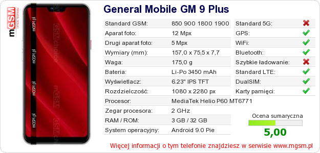 Dane telefonu General Mobile GM 9 Plus