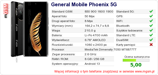 Dane telefonu General Mobile Phoenix 5G