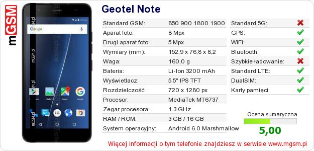 Dane telefonu Geotel Note Dane telefonu Geotel Note