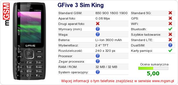 Dane telefonu GFive 3 Sim King