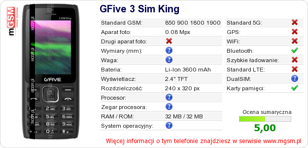 Dane telefonu GFive 3 Sim King