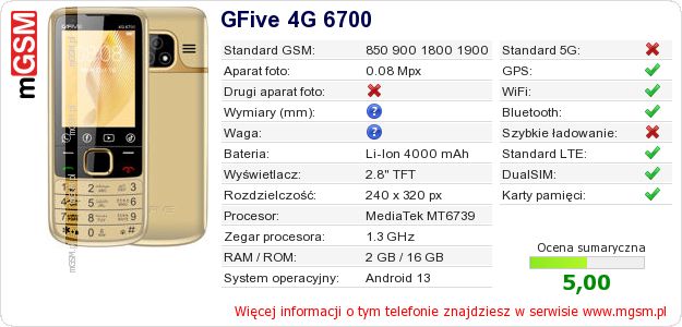 Dane telefonu GFive 4G 6700