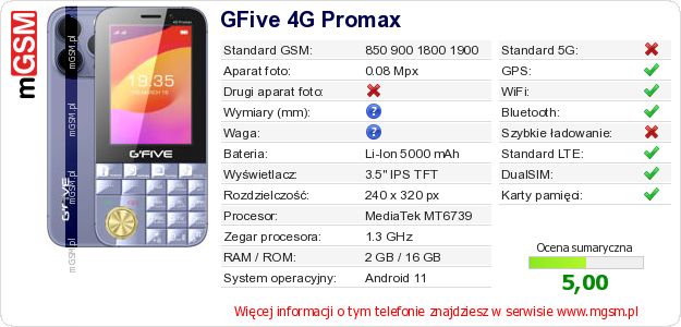 Dane telefonu GFive 4G Promax