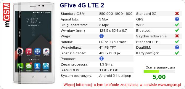 Dane telefonu GFive 4G LTE 2